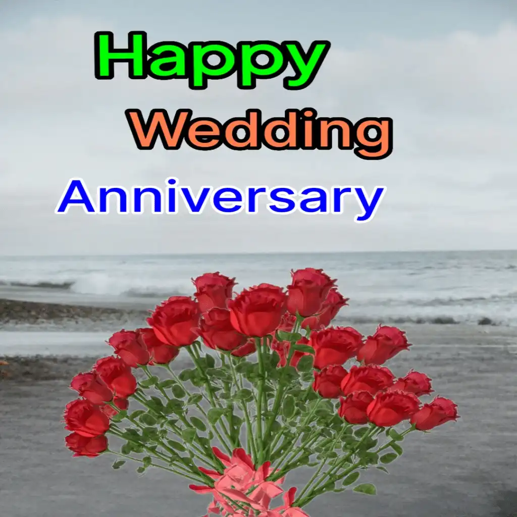 Good wedding anniversary hd image with sea and bouquet 